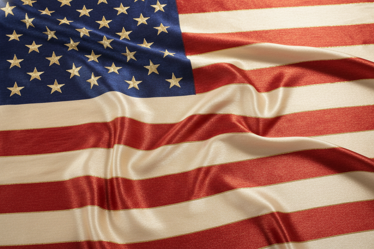 Cloth American Flag, with golden hint gloss. No background and zoomed into just the flag.